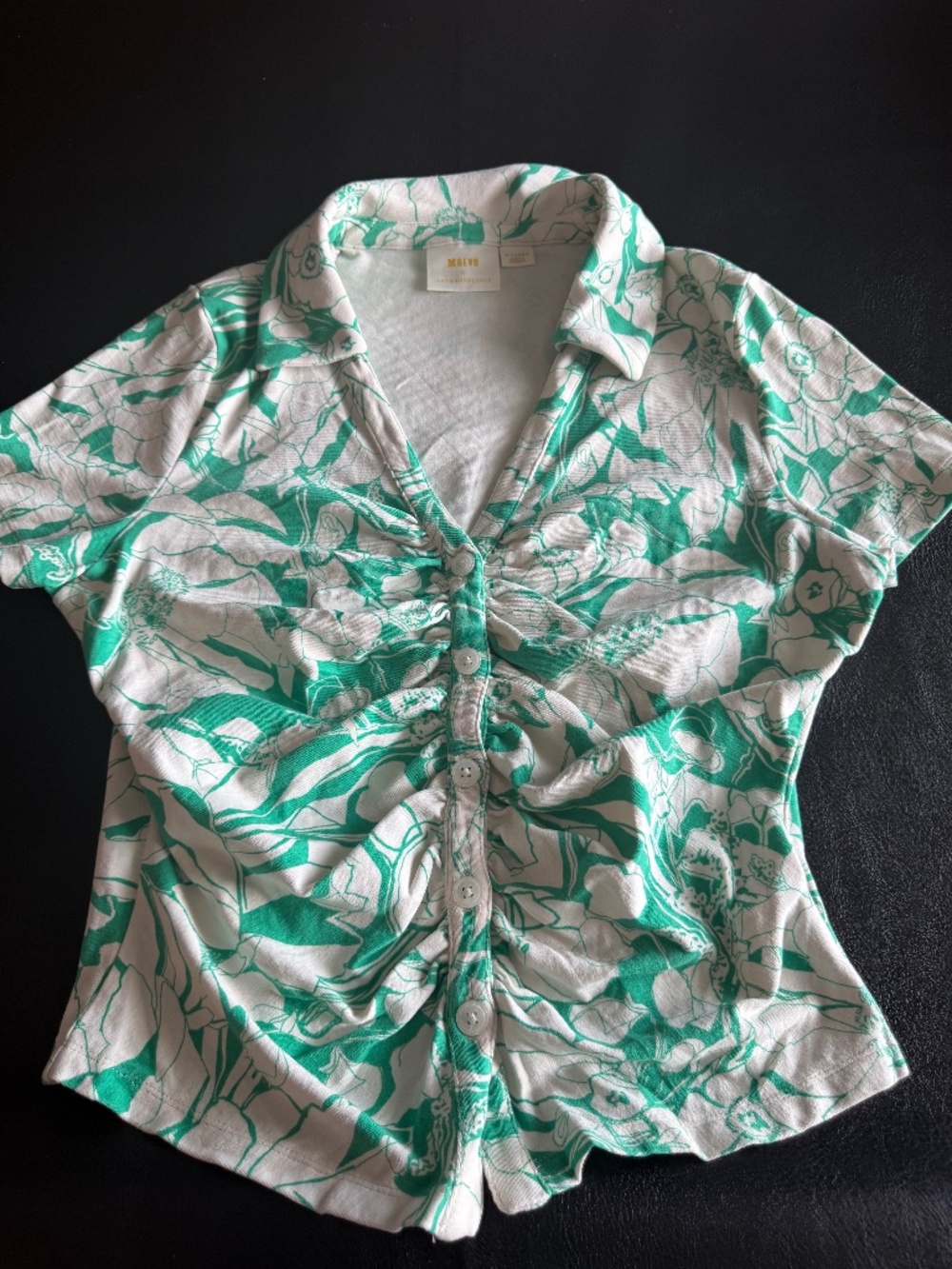 Anthropologie Maeve Short Sleeve Green & White Ruched Collar Button Shirt  XL